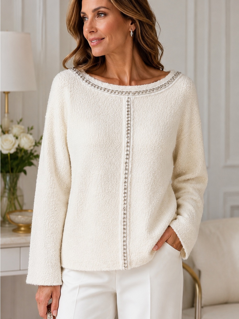 St. John Ivory Wool Blend Knit Silver Chain Trim Sweater Top Size 10